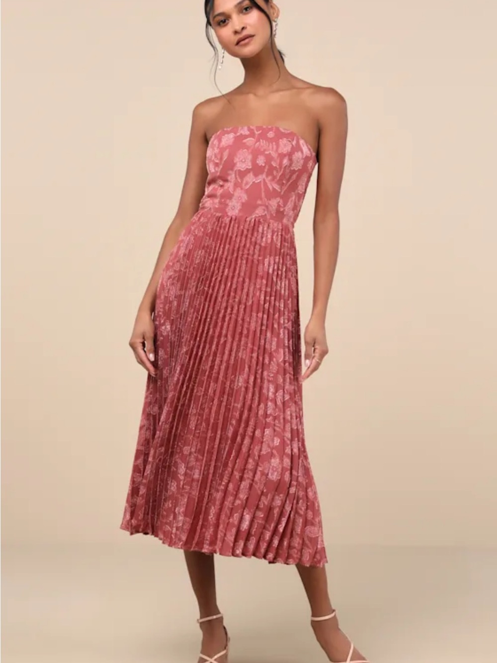 Strapless Rusty Rose Pleated Midi Dress